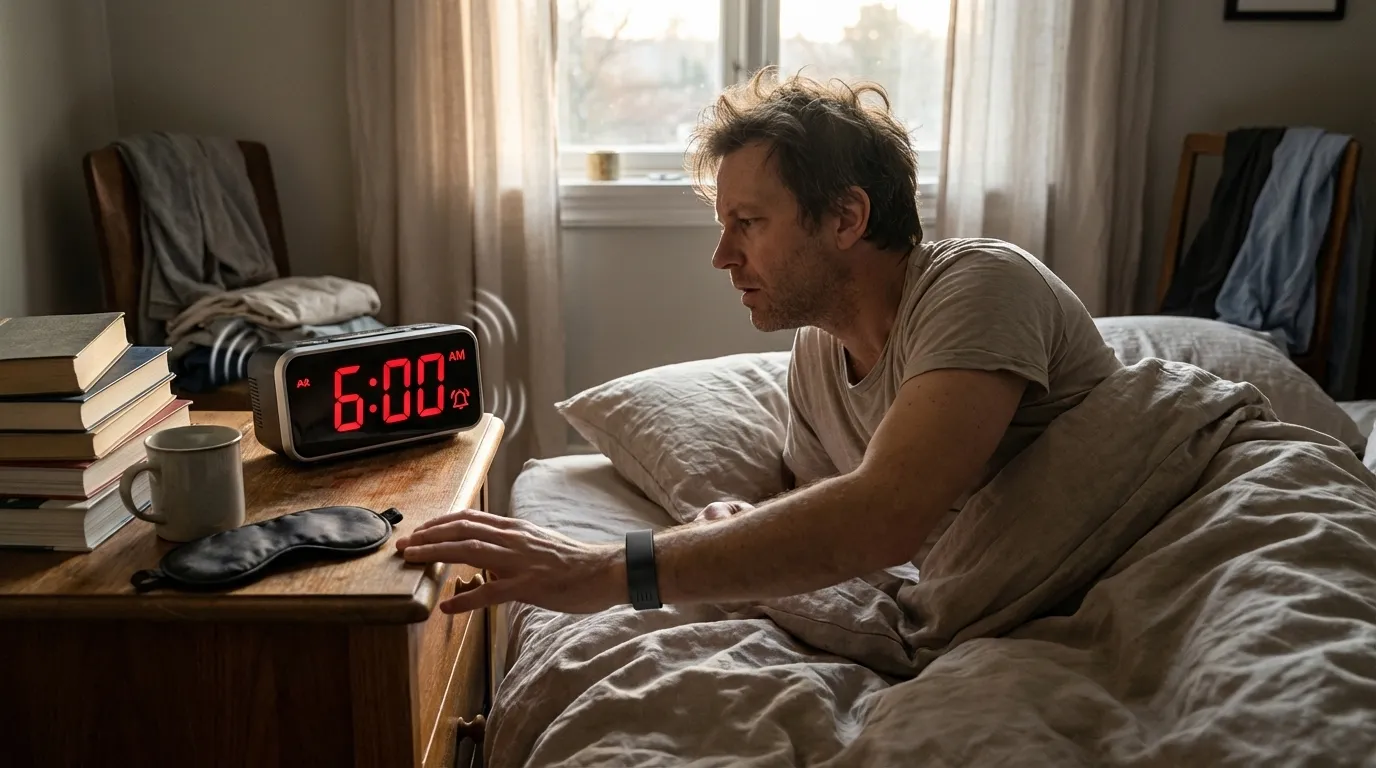 Loud alarm clock and wearable wake-up scene in a real bedroom